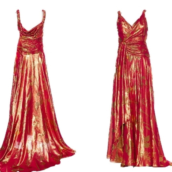 °$8,000 NWT OSCAR DE LA RENTA RED GOLD SILK RUNWAY GOWN US 0 XS - Picture 6 of 11